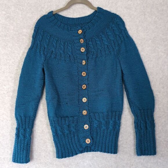 Teal Chunky hand knitted VTC 80s/90s Wool Cardigan Jacket Women's Medium Buttons - Picture 1 of 7